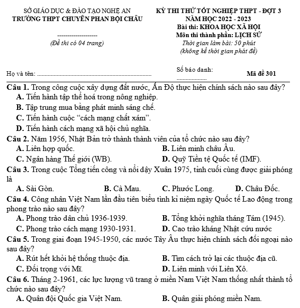 THPT Quốc gia 2023: Đề thi thử môn Lịch sử có đáp án – Cao đẳng Sài Gòn